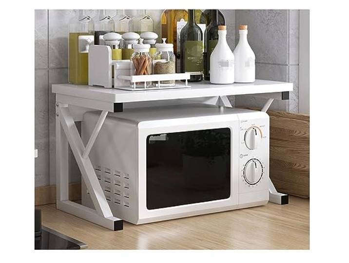 CVdrtyED Mikrowellenregal 2-stufiges Mikrowellenregal, Stahlrahmen, Mikrowellenständer, Küchenregal, Gewürzregal, Lagerregal Küchenregal Stehend(White)