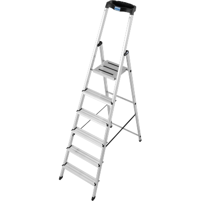Stehleiter KRAUSE "Safety", grau (aluminiumfarben), B:50cm H:11cm L:210cm, Aluminium, Leitern, Aluminium, 1x6 Stufen, Arbeitshöhe ca. 325 cm