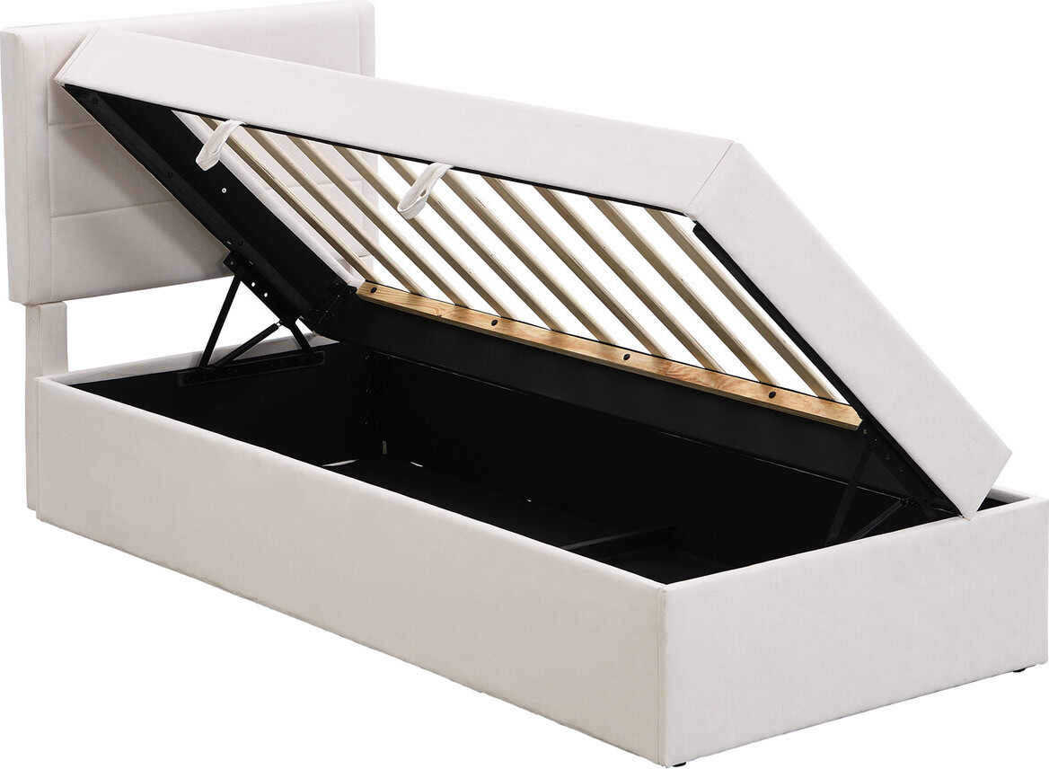 Polsterbett(Beige,200x90cm)Hausbett,Stauraumbett mit Lattenrost aus Metallrahmen, Großer Stauraum