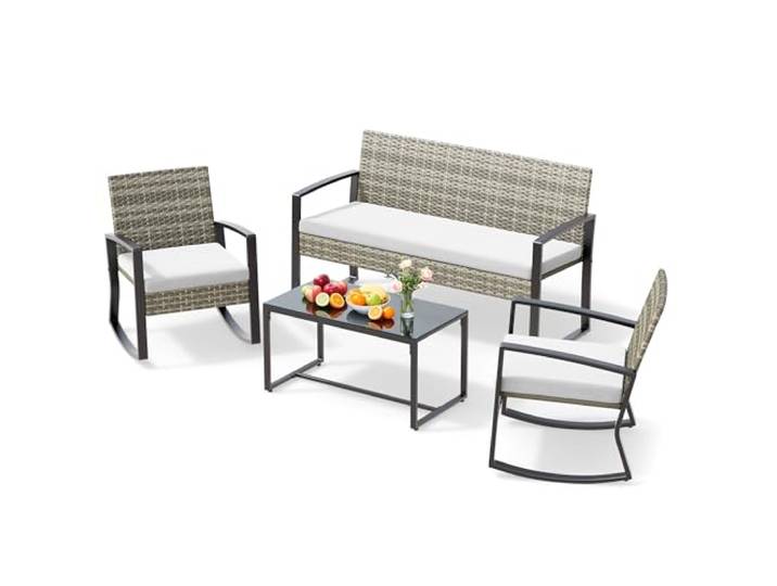 Xbro Rattan Gartenmöbel Set für 4 Person, Balkonmöbel Lounge mit 2 stühlen Doppelsessel & Glastisch, inkl. Sitzkissen, wetterfest für Garten, Terrasse, Veranda & Pool, Hellgrau