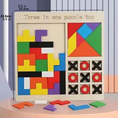 Inspire Curations Montessori Wooden Tangram Puzzle Set Colorful 3D Russian Blocks Brain Teaser 3in1
