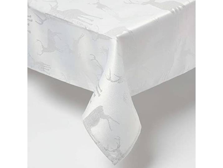Homescapes Hirsch-Deko Weihnachtstischdecke Silber 130x275 cm, Festliche Tischdecke mit Hirsch-Print in Silber-Metallic