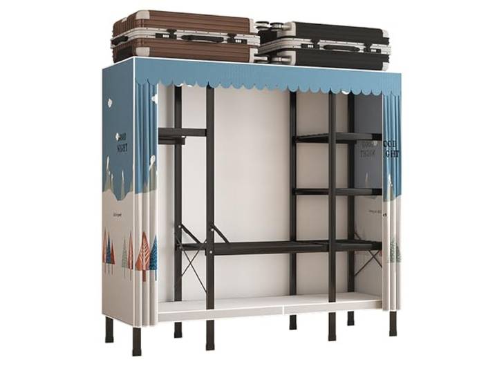 MmcdylyhEU Faltbarer tragbarer Kleiderschrank mit Abdeckung, Kleiderständer aus Metall mit Hängestangen, platzsparender Kleidungs-Organizer for Schlafzimmer(Blue1,230cm/90.6inch)