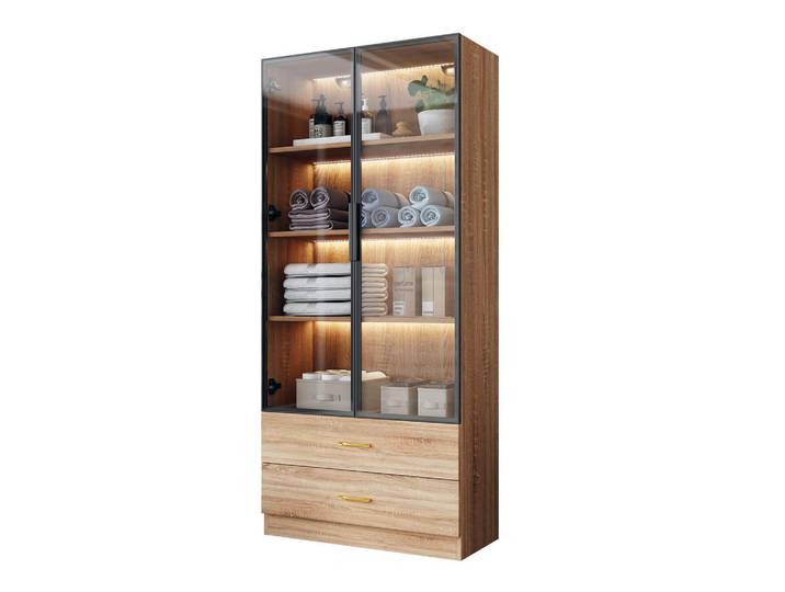 Modfu Badezimmerschrank 75x34,5x170 cm Braun mit offenen Fächern, Schranktüren und gehärtetem Glas, 75x170x34.5 cm, Esszimmer, Vitrinen, Vitrinenschränke