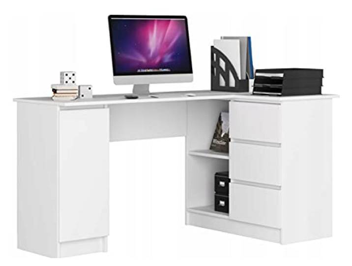 BDW Eckschreibtisch Weiß, 3 Schubladen rechts und 4 Einlegeböden, viel Platz zum Ausbreiten. Perfekt für Jugendzimmer, Büros und Ateliers