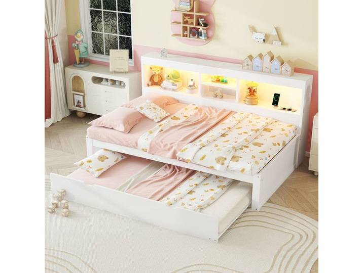 Lit 1 Personne - AUTREMENT - 90x200 cm - Éclairage LED - Rangement Côté - Lit Gigogne Blanc