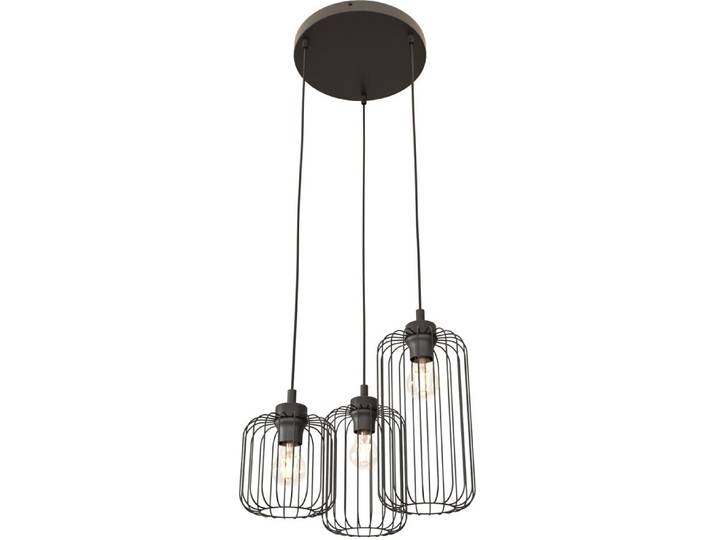Industrielle Pendelleuchte, schwarz, rund, mit 3 ovalen, aus Draht gefertigten Lampenschirmen, höhenverstellbar, Marke VANDER, 3xE27, 15W, Hersteller Emibig