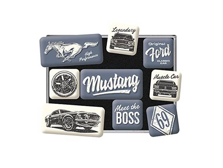 Nostalgic-Art Retro koelkastmagneten, Ford Mustang – Boss – Geschenkidee voor autoliefhebbers, Magneetset voor magneetbord, Vintage design, 9 stuks