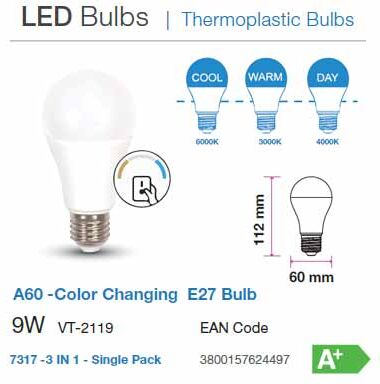 V-Tac Vt-2119 Lampada Led Smd E27 A60 9w - 3step Color Changing - Sku 7317