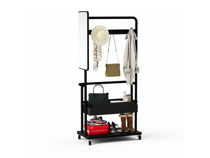 Portant à vêtements - Modèle 3 en 1 - Métal noir - Miroir 70 cm - Roulettes 360°