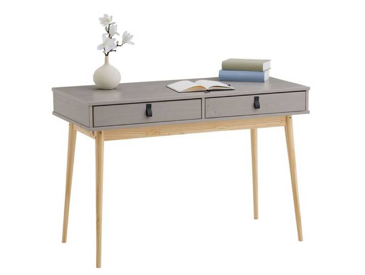 Bureau WANDA en pin massif avec 2 tiroirs lasuré gris et naturel