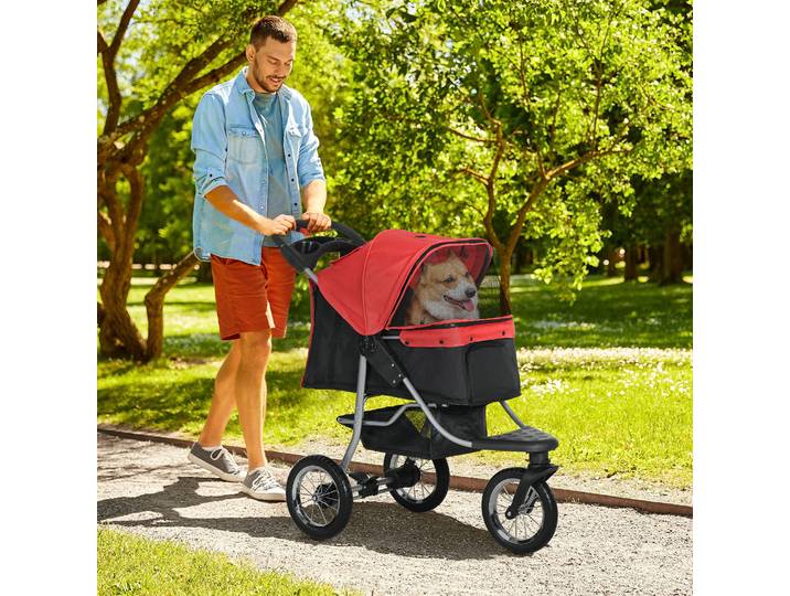 PawHut Chariot pour Chiens Chariot de Compagnie avec 3 Roues Pliant pour Chiens Chats en Tissu Oxford Rouge + Noir 109,5 x 54,5 x 106,5 cm