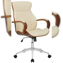 Décoshop26 - Bürostuhl mit Rollen cremefarbenes Kunststoffmaterial und Walnussholz höhenverstellbar BUR10462