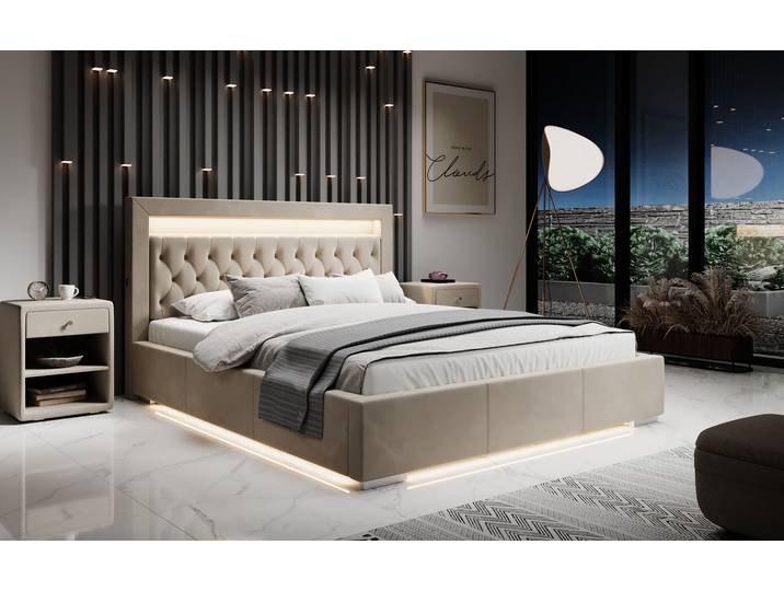 Designer Polsterbett Ida inkl. RGB, USB und Stauraum - 140x200 - Beige - Luxusbetten24