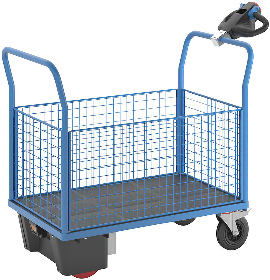 Plattformwagen mit Elektroantrieb, 4 hohe Gitter-Wände, LxBxH 1420 x 700 x 1300 mm eurokraft pro