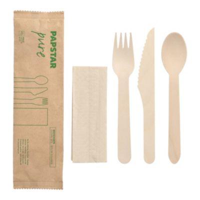 Papstar Besteckset Pure, bestehend aus 1 x Messer/1 x Gabel/1 x Löffel/1 x Serviette, FSC®-Holz, naturfarben, 50 Sets in Papierbeuteln