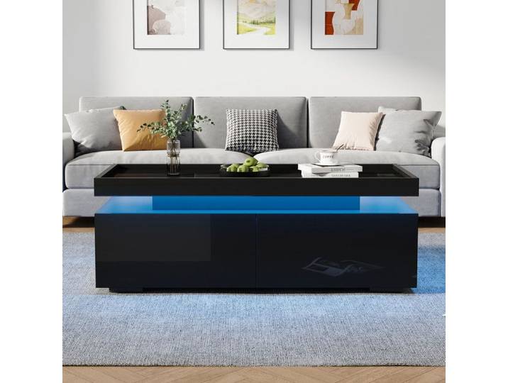 Table basse - Moderne - LED - 2 tiroirs - Design géométrique - Noir