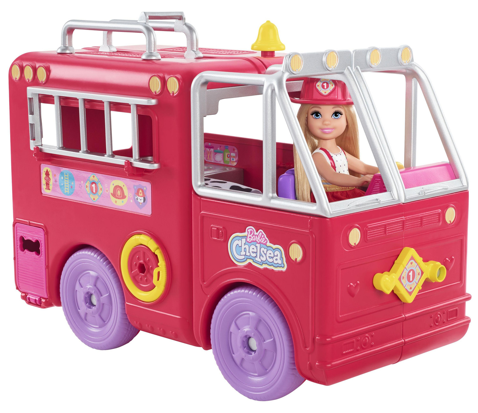 Barbie Chelsea pop met brandweerwagen en accessoires, blond