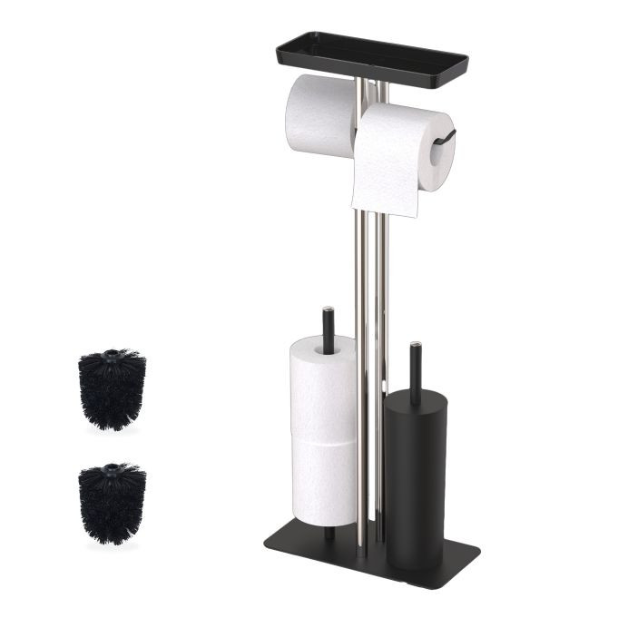 Relaxdays Toiletbutler met plankje, toiletborstel en reserverolhouder, zwart, RVS