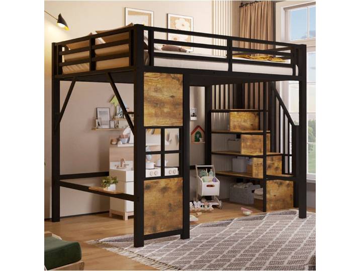 Lit mezzanine enfant - MAISENTIEL - 140 x 200 - métal & MDF - escalier avec rangements - noir