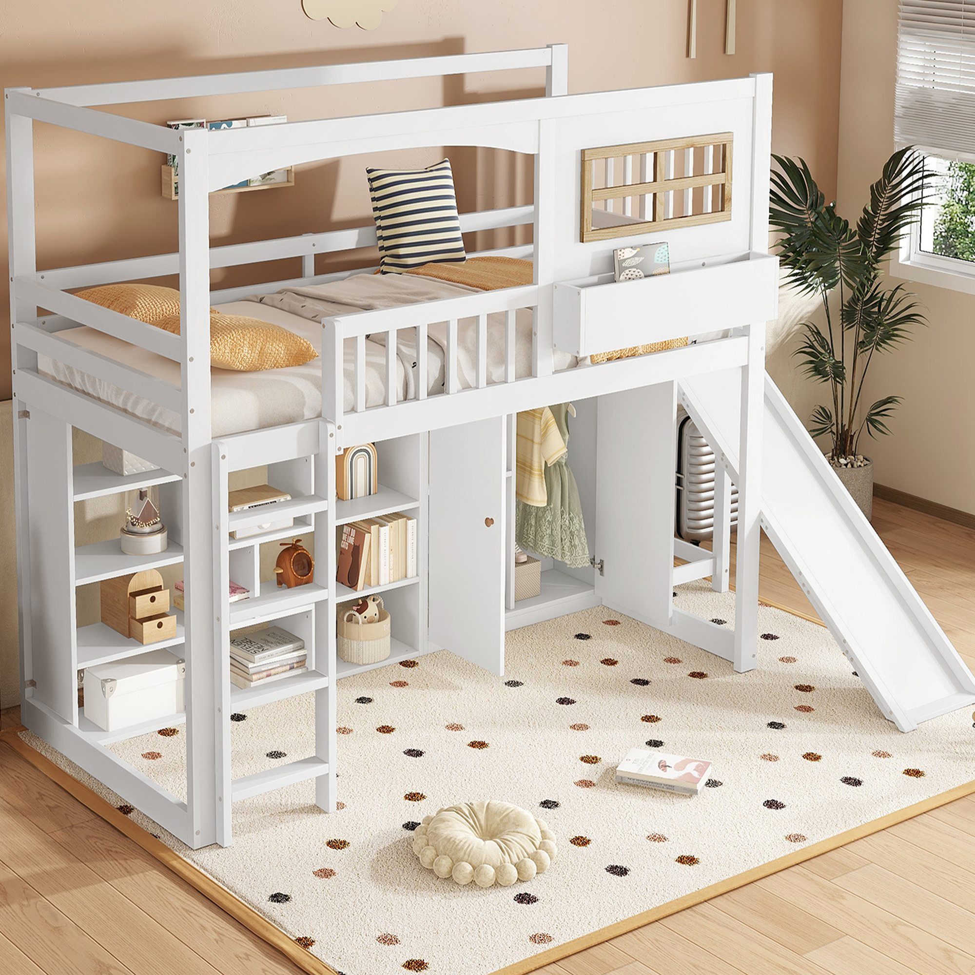 STILVORA Hochbett 90x200 mit Kleiderschrank&Ablagefach,Kinderbett mit Rutsche&Fallschutzgitter,Jugendbett mit vierstufiger Leiter,ohne Matratze,Weiß