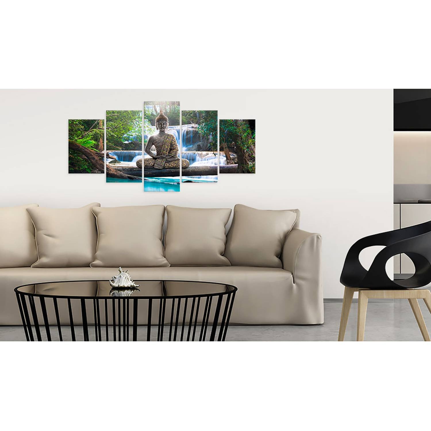 home24 Buddha and Waterfall wandafbeelding, bruin en meerkleurig, 200 x 100 cm