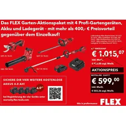 FLEX Garten Aktionspaket mit 4 Profi Gartengeräten Akku und Ladegerät