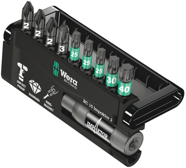 Assortiment d'embouts Bit-Check 10 Impaktor 1 10-pces PH/PZD/T/6pans porte-outil ; Wera (05057683001)