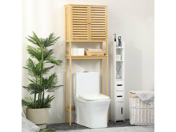 kleankin Meuble WC Bambou 2 Portes Étagère Salle de Bain MDF