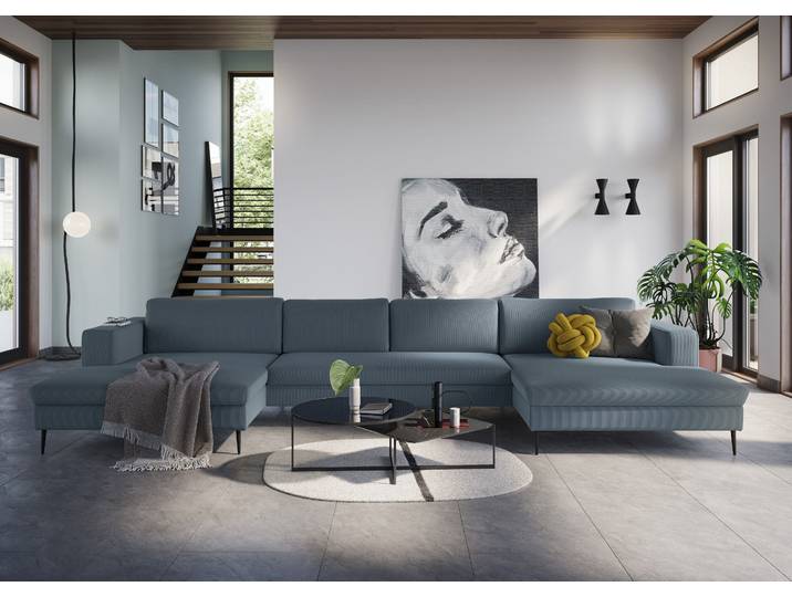 Wohnlandschaft, Grau-Blau, 438x173 cm, Cord, U-Form & 2 Recamieren, Modern, Domo-Collection
