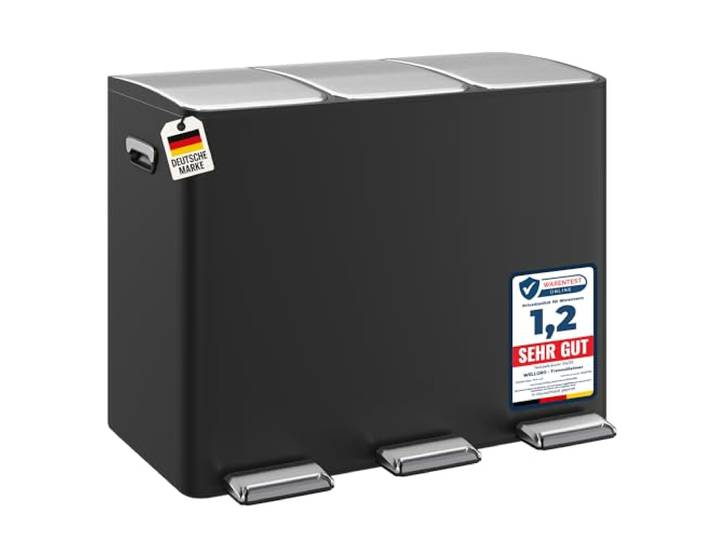 WELLGRO Mülleimer Küche 45 Liter, Edelstahl Tretmülleimer schwarz 3 Fächer, Mülltrennsystem 3 x 15 Liter, Absenkautomatik, klappbare Fußpedale
