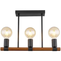 Deckenlampe Deckenleuchte Wohnzimmerlampe Esstischleuchte Holzlampe Holzleuchte, 3 Flammig Retro, Metall schwarz Holzbalken braun, E27, LxBxT 49x6x35cm