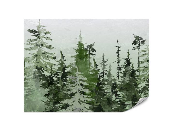 Muralo Fototapete für Schlafzimmer Grüner Nadelwald Aquarell Bäume Natur Landschaft 350x256, Grün, Weiß, Grau, Papier, Baum/Pflanze/Natur, Rechteckig, 350x256 cm, Tapeten & Wandverkleidungen, Fototapeten