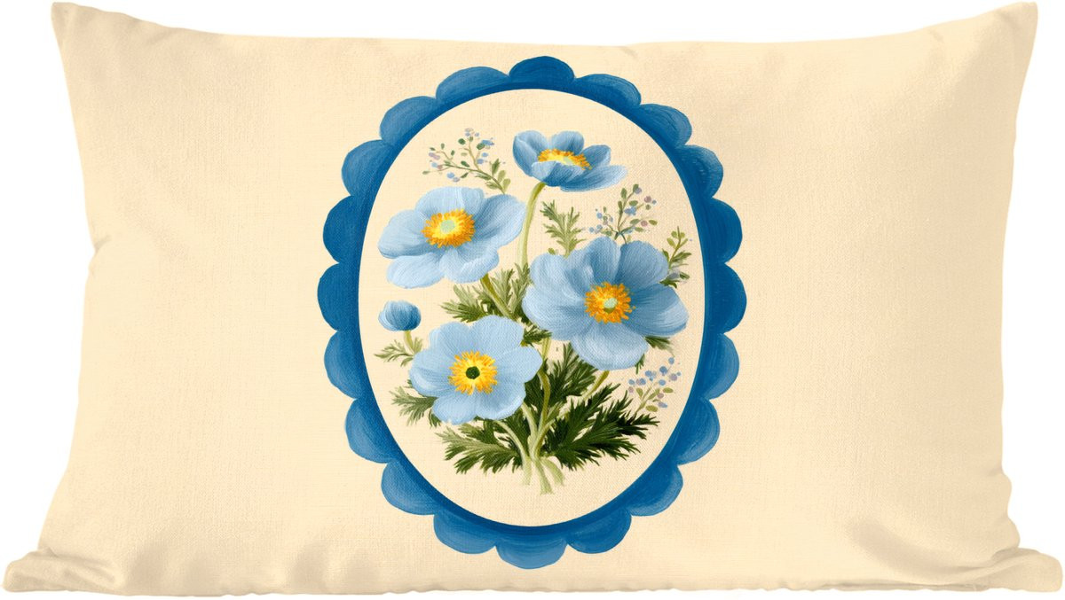 PillowMonkey Sierkussen met Bloemen Illustratie - Lichtblauw - 60 x 40 cm