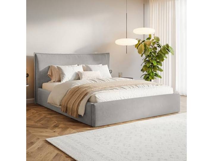 MOTIVENA Leno Bett 160x200 Grau Samt, mit Stauraum, mit Kopfteil, mit Lattenrost, ohne Füße, ohne Matratze, Polsterbett 160x200 mit Bettkasten Grau (Hellgrau)