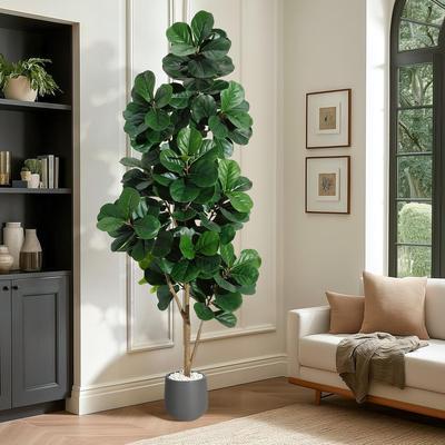 YUN Artificial Fiddle Leaf Fig Tree with 48 Leaves in White Planter Pot, Faux Ficus Lyrata Plant for Home or Office Decor