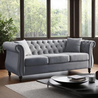 Velvet Chesterfield Sofa with Rolled Arms and Nailhead Trim