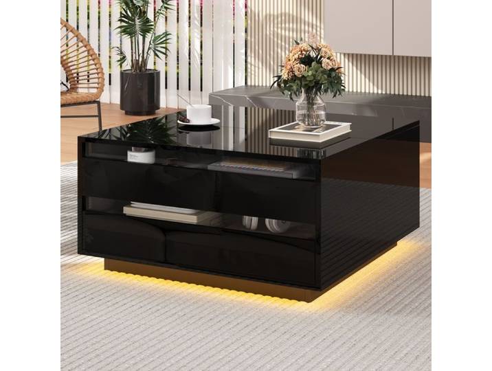 Table basse carrée noire brillante avec plateau relevable LED porte relevable rangement caché et tiroir