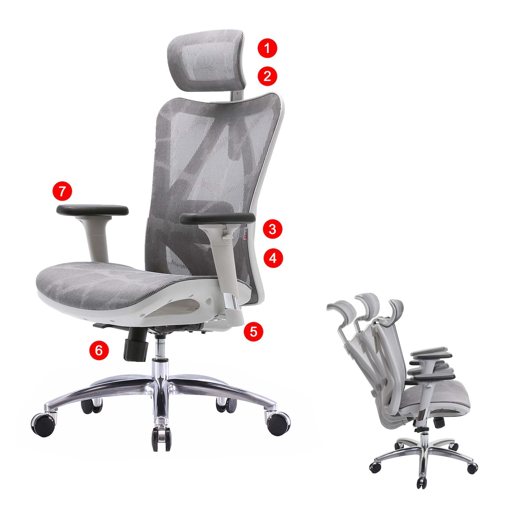 SIHOO Bürostuhl Schreibtischstuhl, ergonomisch, verstellbare Armlehne, 150kg belastbar ~ Bezug grau, Gestell weiß