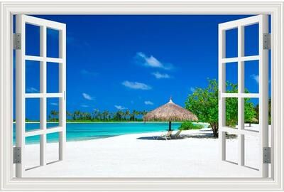 Uplift Picks 3D Beach Window Wall Sticker Ocean View Self Adhesive Wall Mural Decor 05 70x100cm 28x40inch