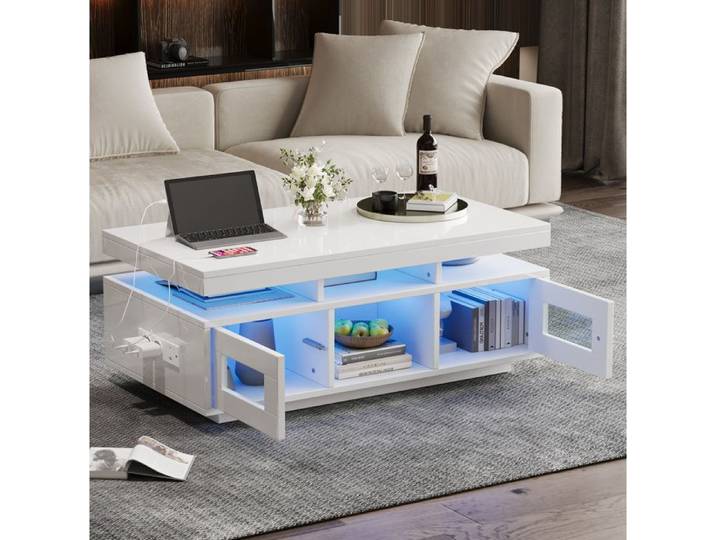 Table basse blanche brillante avec LED prise et rangements