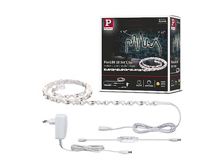 Ruban LED 3D FlexLED Paulmann\, 1\,5 m\, blanc chaud\, 5 W KIT PRÊT À L'EMPLOI – Comprend un bloc d'alimentation 230 V/12 V avec câble d'alimentation et fiche