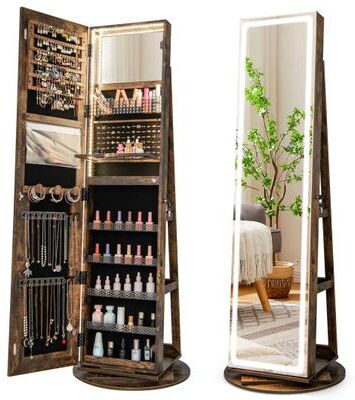 Costway Standing Jewelry Cabinet with Adjustable LED Lights-Coffee