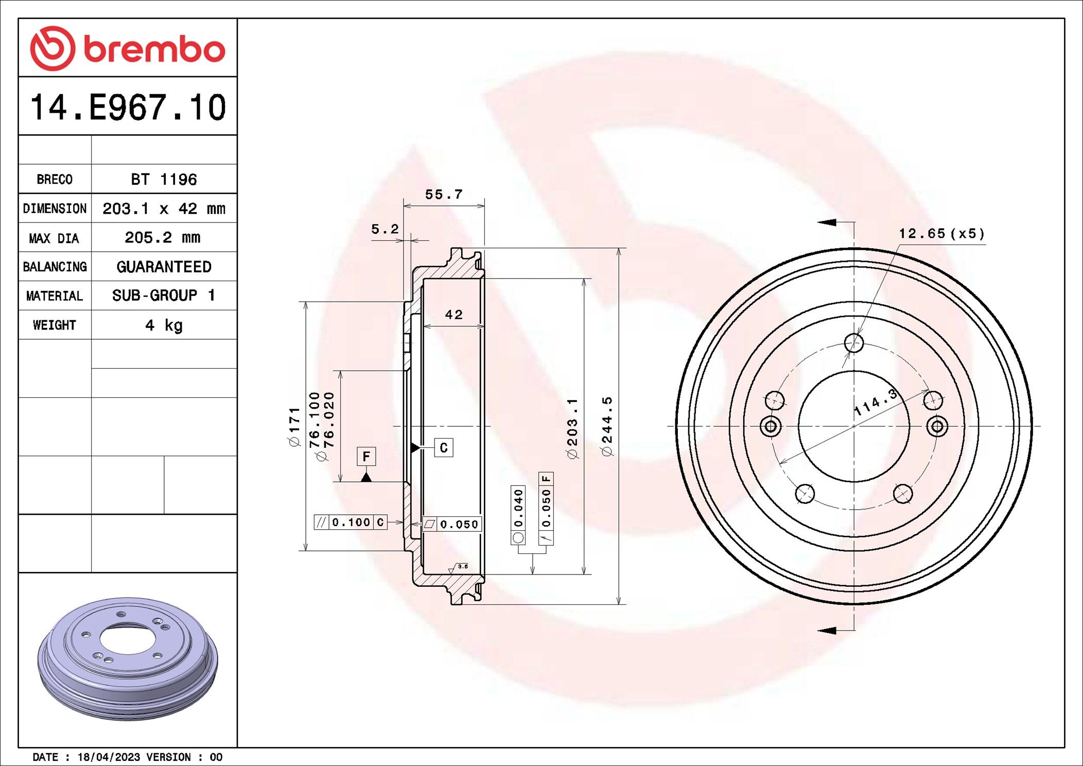 Brembo Bremstrommel 14.E967.10 Für Kia