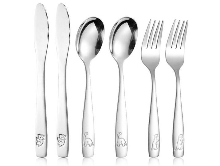 Kinderbesteck 6-teiliges Set Edelstahl mit Dino-Motiv, Silberfarben, Metall, Füttern, Kinderbesteck