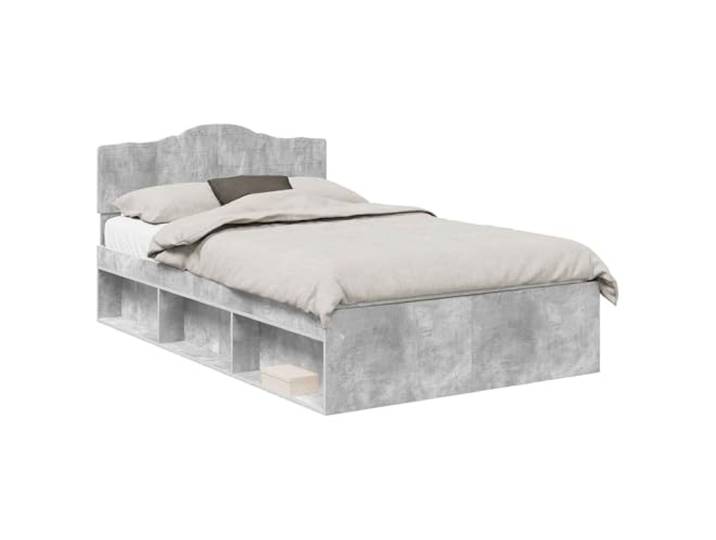 Bettrahmen mit Kopfteil Beton 120 x 190 cm Massives Kiefernholz, modernes Bettgestell mit stabilem Rahmen aus Holzwerkstoffen und massivem Kiefernholz-Kopfteil, rechteckiges