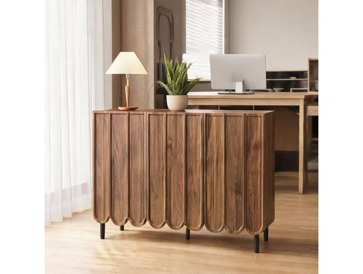 Buffet bas 2 portes ondulées effet noyer 120x35x80 cm – MDF et métal noir rangement modulable