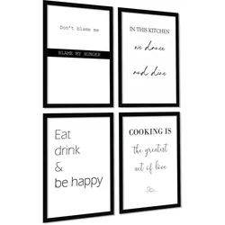 POSTER Set mit 4 Küchenzitate, Nachrichten A3 Schwarzer Rahmen