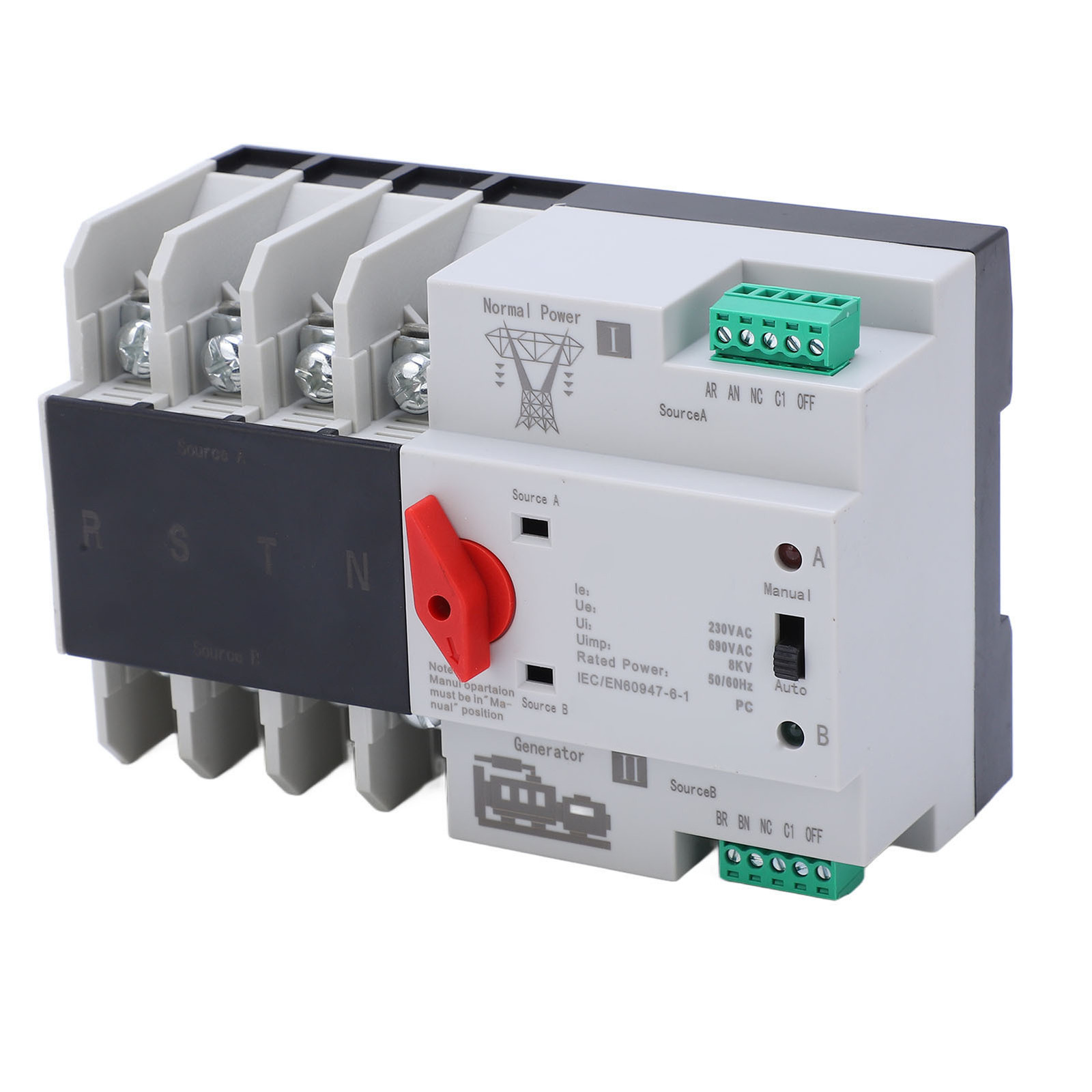 Cocosity 4P Dual Power Automatische Wisselschakelaar met onderbrekingsvrije schakeling voor huishoudelijke apparaten, AC230V, 63A spoel