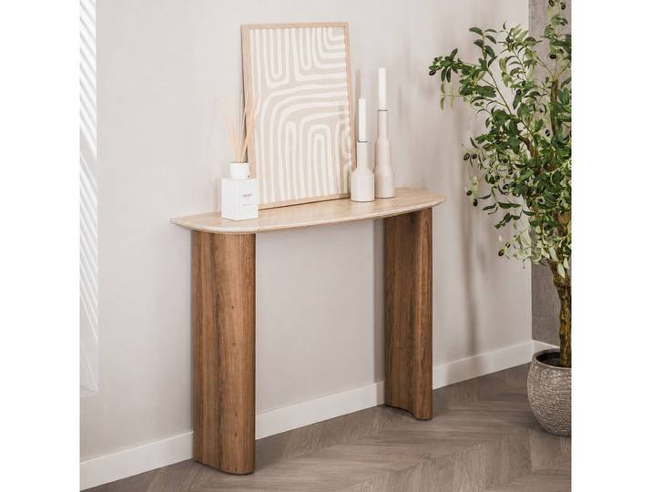 Maison ESTO Konsole Konsolentisch VELARO 100 cm 3D Keramikplatte Travertinoptik Eiche